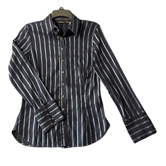 Zara Tops - ZARA Women's dark Blue Shirt Print stripe Button Up Long Sleeve SZ/L